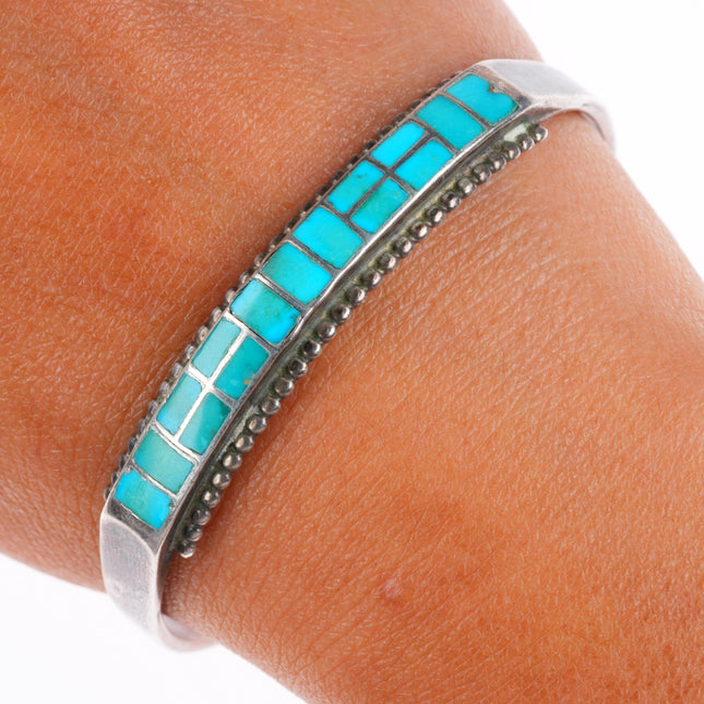 6.75" vintage Zuni sterling silver high grade turquoise inlay cuff bracelet