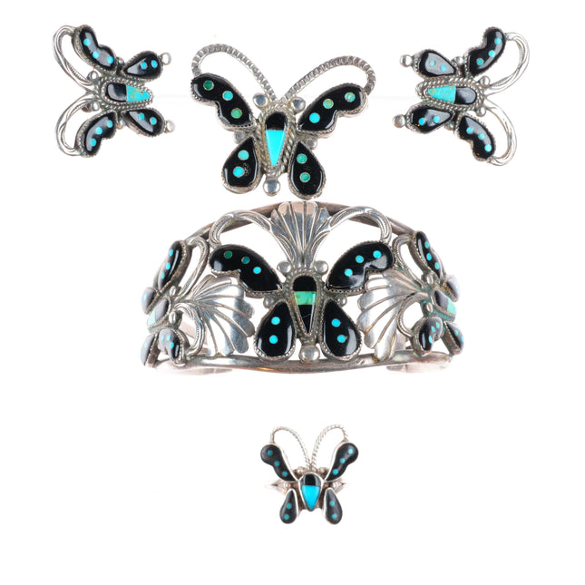 6.8" Leekela Zuni sterling silver Butterfly inlay cuff bracelet-ring-earring-pin