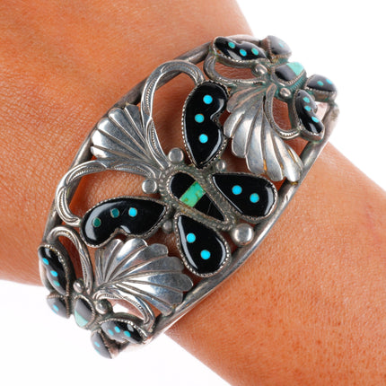 6.8" Leekela Zuni sterling silver Butterfly inlay cuff bracelet-ring-earring-pin