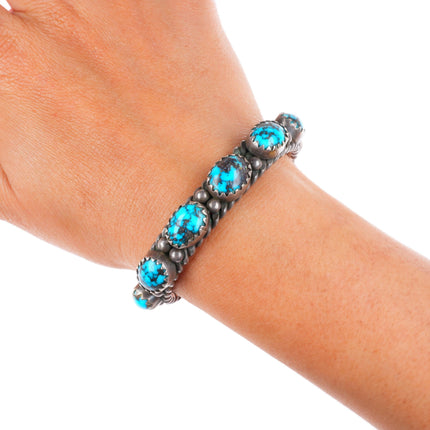 6.2" c1950 vintage Navajo high grade turquoise row sterling silver cuff bracelet