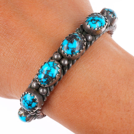 6.2" c1950 vintage Navajo high grade turquoise row sterling silver cuff bracelet
