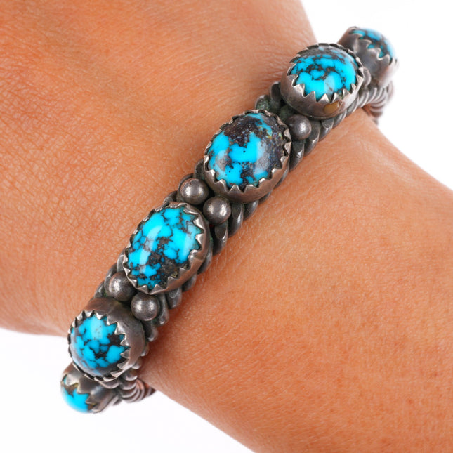6.2" c1950 vintage Navajo high grade turquoise row sterling silver cuff bracelet