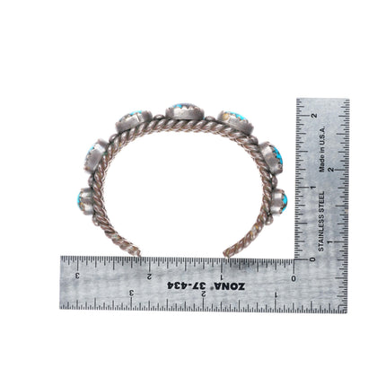 6.2" c1950 vintage Navajo high grade turquoise row sterling silver cuff bracelet