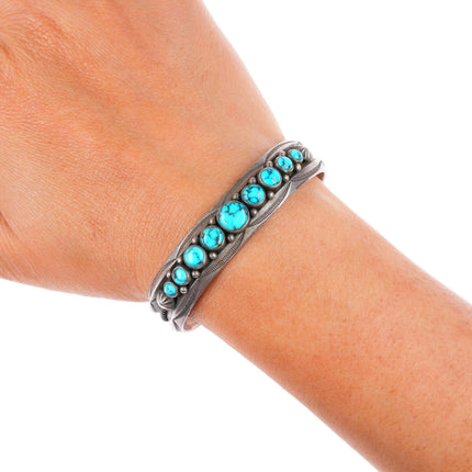 6.25" c1940 Vintage Navajo sterling silver spiderweb turquoise row cuff bracelet