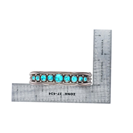 6.25" c1940 Vintage Navajo sterling silver spiderweb turquoise row cuff bracelet