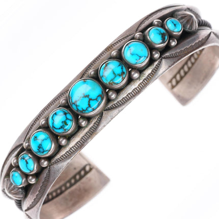 6.25" c1940 Vintage Navajo sterling silver spiderweb turquoise row cuff bracelet
