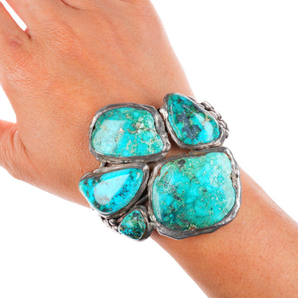 6.5" Big vintage Navajo sterling silver turquoise bear paw form cuff bracelet
