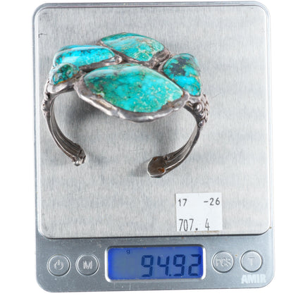 6.5" Big vintage Navajo sterling silver turquoise bear paw form cuff bracelet