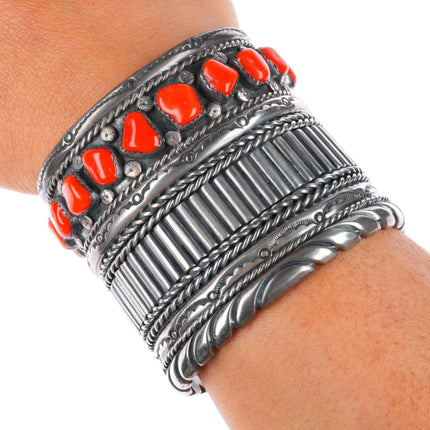 6.5" Carl Quintana Navajo sterling silver wide band coral row cuff bracelet