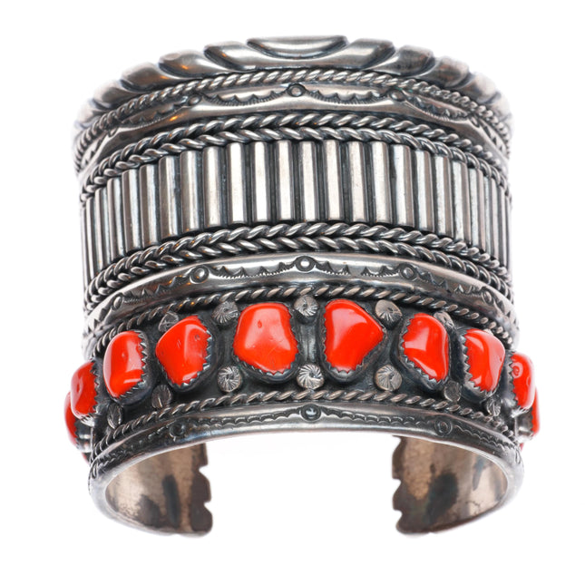 6.5" Carl Quintana Navajo sterling silver wide band coral row cuff bracelet