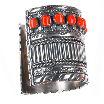 6.5" Carl Quintana Navajo sterling silver wide band coral row cuff bracelet