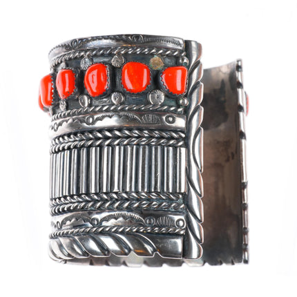 6.5" Carl Quintana Navajo sterling silver wide band coral row cuff bracelet