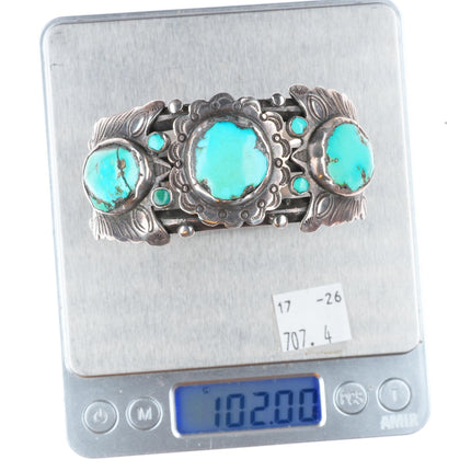6.75" vintage Navajo sterling silver heavy stamped cuff bracelet with turquoise