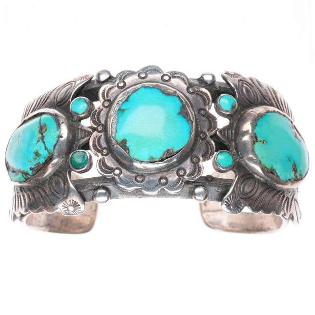 6.75" vintage Navajo sterling silver heavy stamped cuff bracelet with turquoise