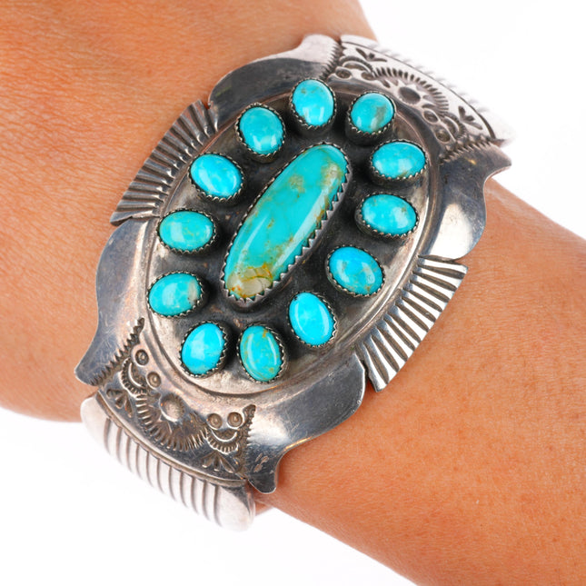 6.6" James Shay Navajo sterling silver cluster cuff bracelet w/Nice turquoise
