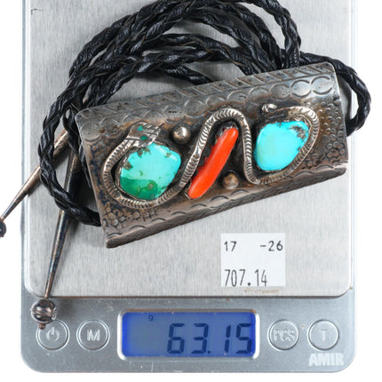 Large c1960 c-31 Zuni sterling silver, turquoise, coral Snake bolo tie