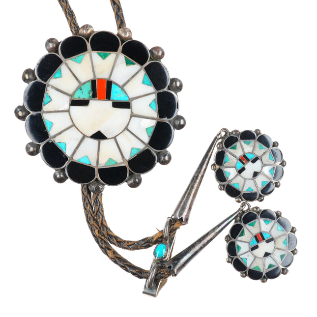Large c1950 Marie Qualo Zuni sterling silver sunface bolo tie w/fancy tips