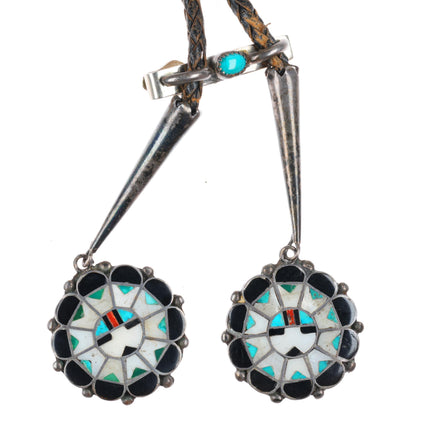 Large c1950 Marie Qualo Zuni sterling silver sunface bolo tie w/fancy tips