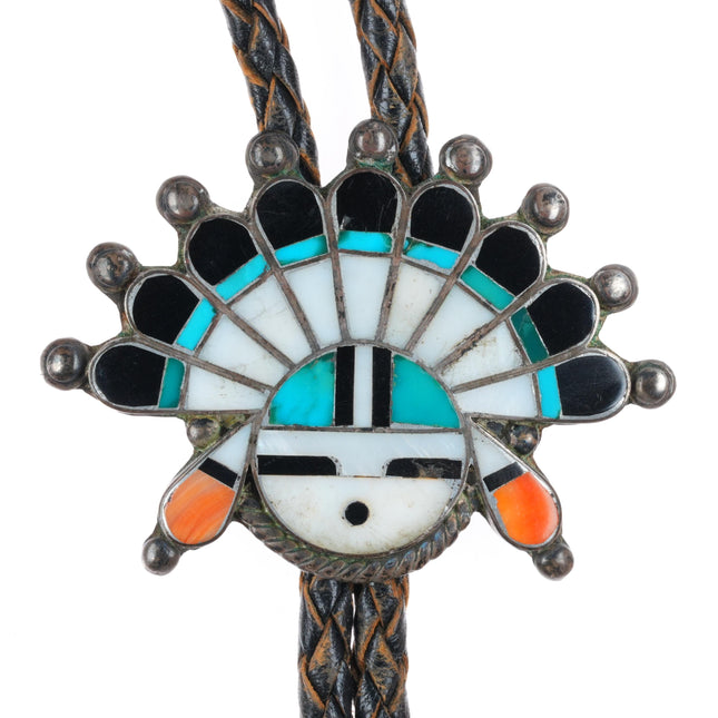 1940's-50's Vintage Zuni sterling silver sunface bolo tie with fancy tips