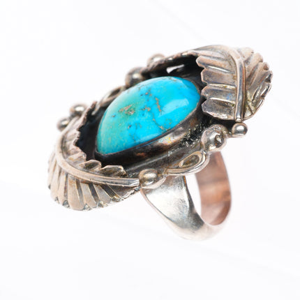 sz9.5 big vintage Navajo sterling silver feather ring with nice turquoise