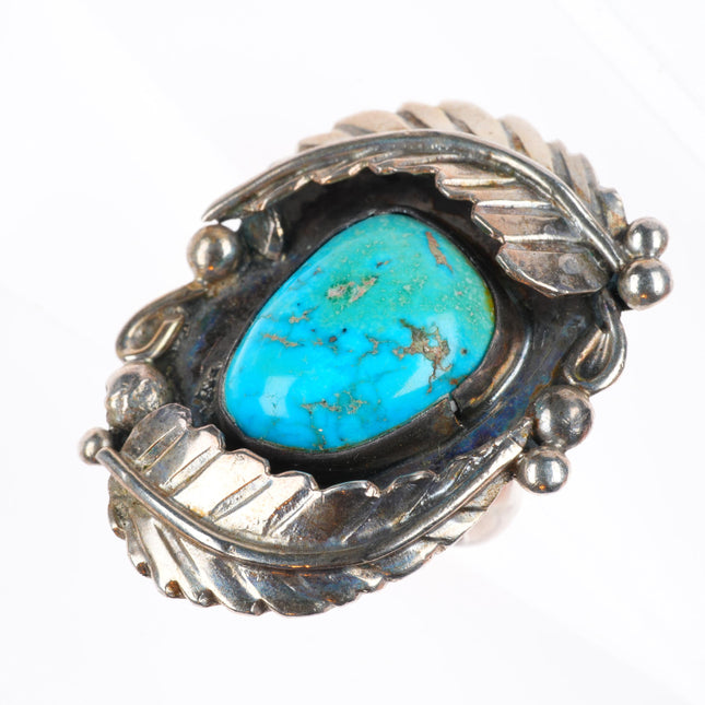 sz9.5 big vintage Navajo sterling silver feather ring with nice turquoise
