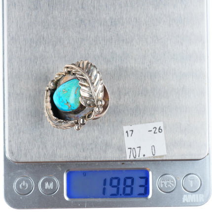 sz9.5 big vintage Navajo sterling silver feather ring with nice turquoise