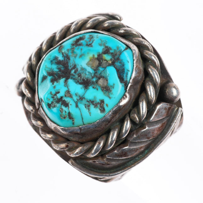 sz9.25 vintage Navajo sterling silver turquoise rope bezel size 9.25 ring