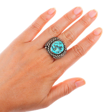 sz9.25 vintage Navajo sterling silver turquoise rope bezel size 9.25 ring
