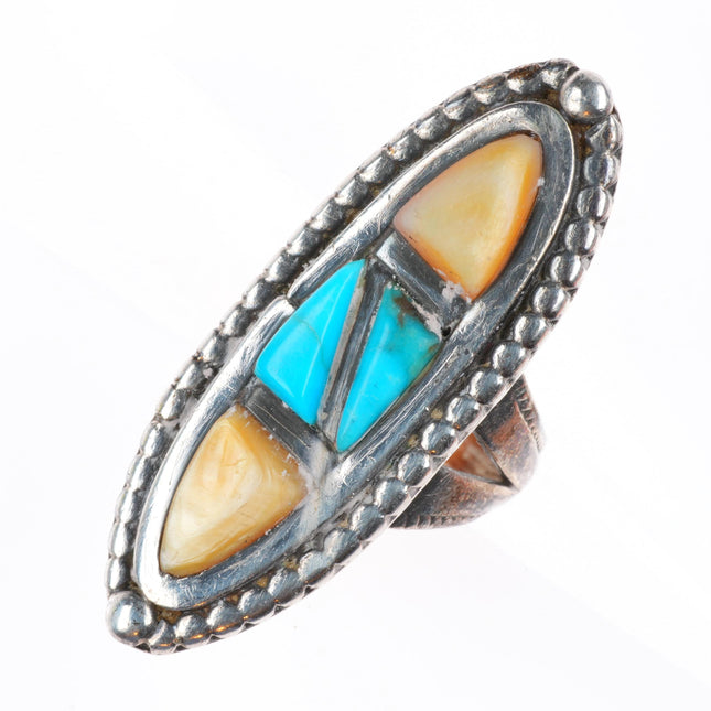 sz5 vintage Navajo sterling silver turquoise yellow mother of pearl shell ring