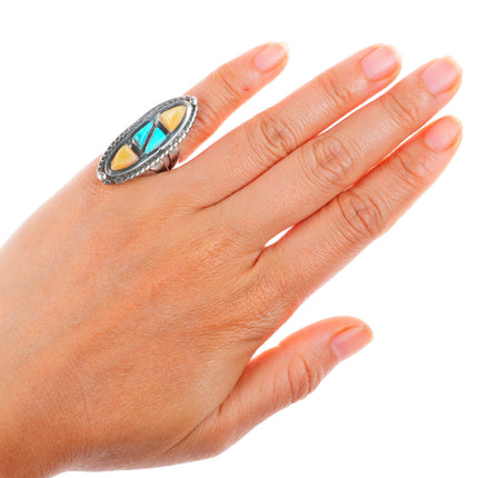 sz5 vintage Navajo sterling silver turquoise yellow mother of pearl shell ring