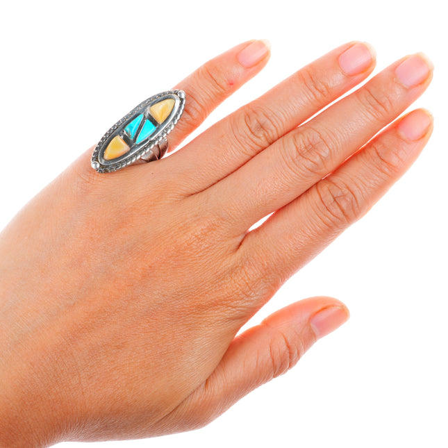 sz5 vintage Navajo sterling silver turquoise yellow mother of pearl shell ring