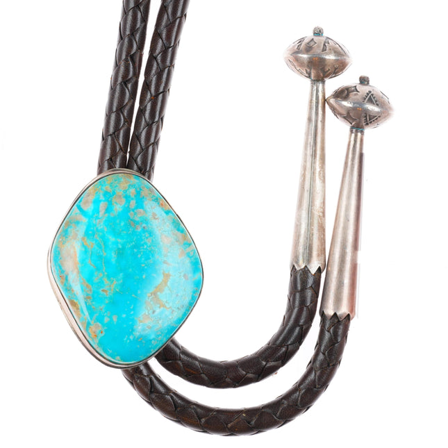 Large PH southwestern sterling silver turquoise bolo tie with fancy tips