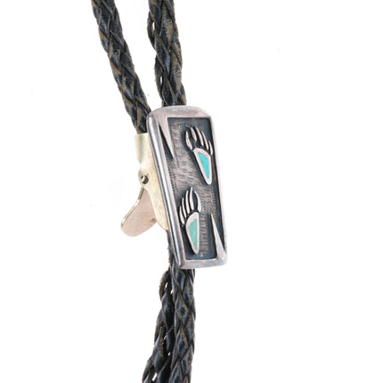 c1960 c-31 vintage Navajo sterling silver turquoise inlaid bear paws bolo tie