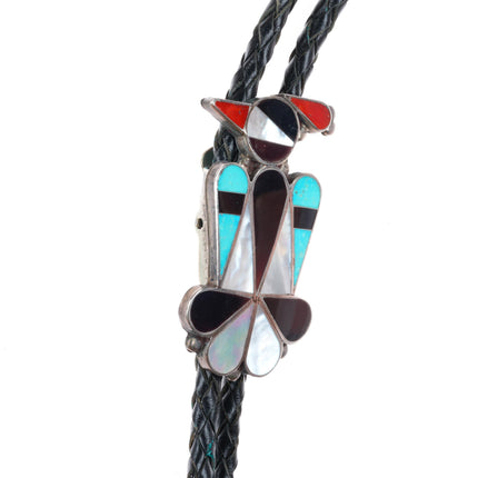 c1970 Zuni sterling silver thunderbird turquoise and coral inlay bolo tie