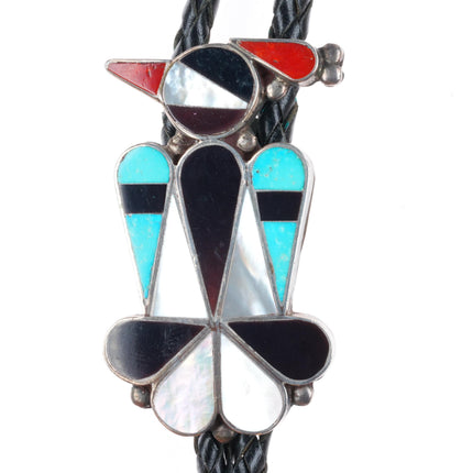 c1970 Zuni sterling silver thunderbird turquoise and coral inlay bolo tie