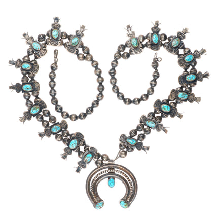 c1930 Navajo #8 Nevada Turquoise sterling silver Box Bow Squash Blossom necklace