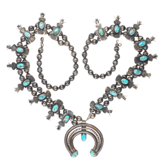 c1930 Navajo #8 Nevada Turquoise sterling silver Box Bow Squash Blossom necklace