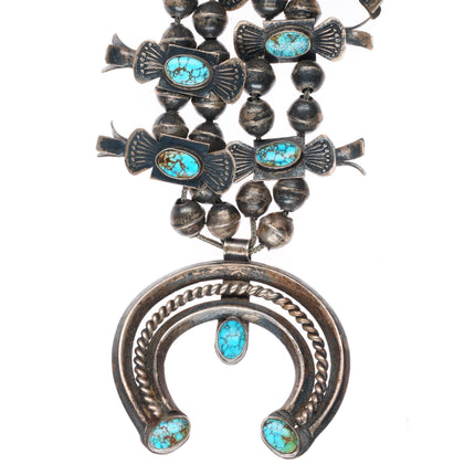 c1930 Navajo #8 Nevada Turquoise sterling silver Box Bow Squash Blossom necklace