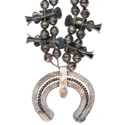 c1930 Navajo #8 Nevada Turquoise sterling silver Box Bow Squash Blossom necklace