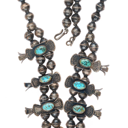 c1930 Navajo #8 Nevada Turquoise sterling silver Box Bow Squash Blossom necklace