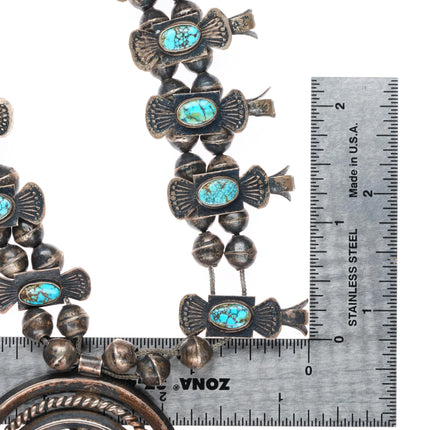 c1930 Navajo #8 Nevada Turquoise sterling silver Box Bow Squash Blossom necklace