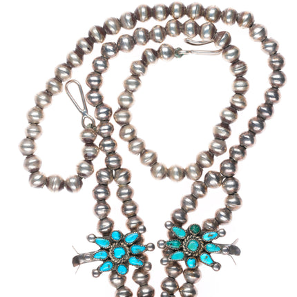 Vintage Zuni sterling silver petit point turquoise squash blossom necklace