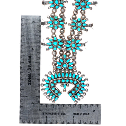 Vintage Zuni sterling silver petit point turquoise squash blossom necklace