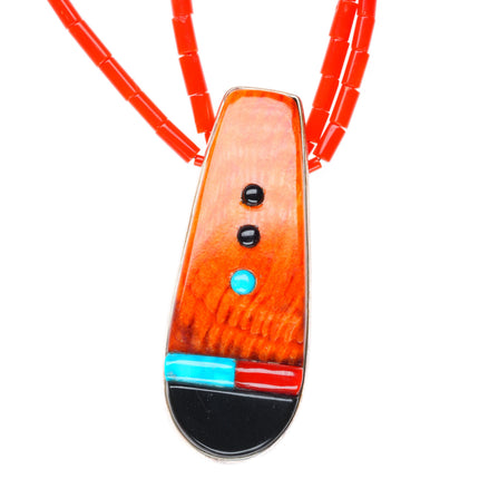 Veronica Poblano Zuni sterling silver coral necklace with spiny oyster pendant