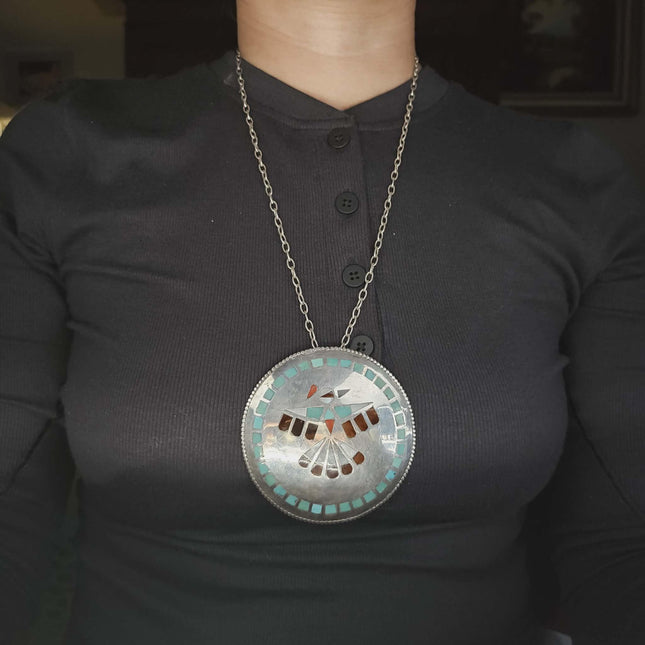 Huge DM Zuni vintage sterling silver thunderbird turquoise inlay pendant