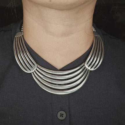 John G. Begay Navajo White Hogan Shop Modernist sterling silver bib necklace
