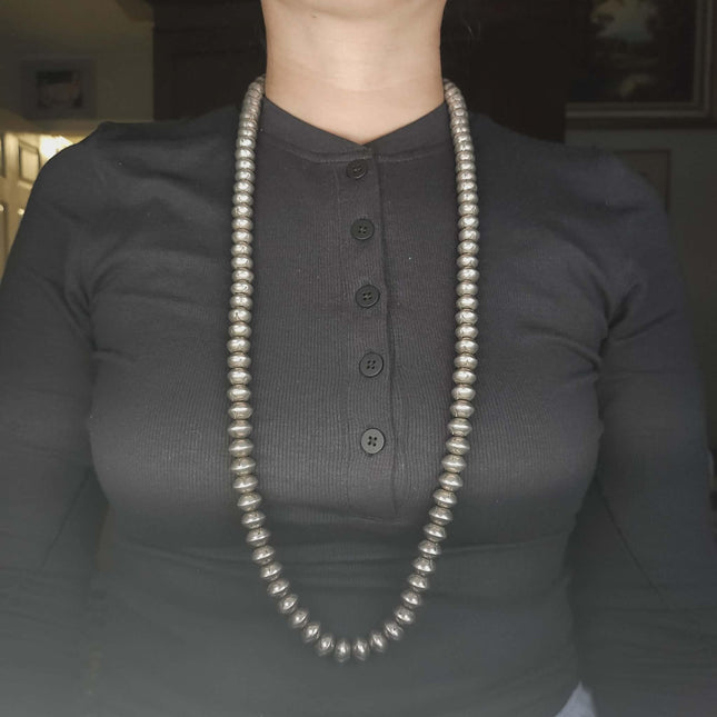 35" Vintage Handmade/Hand stamped Navajo pearl beaded sterling silver necklace