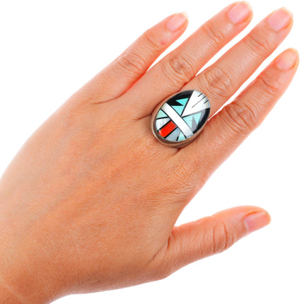 sz11 Vintage Zuni sterling silver large intarsia inlay size 11 men's ring