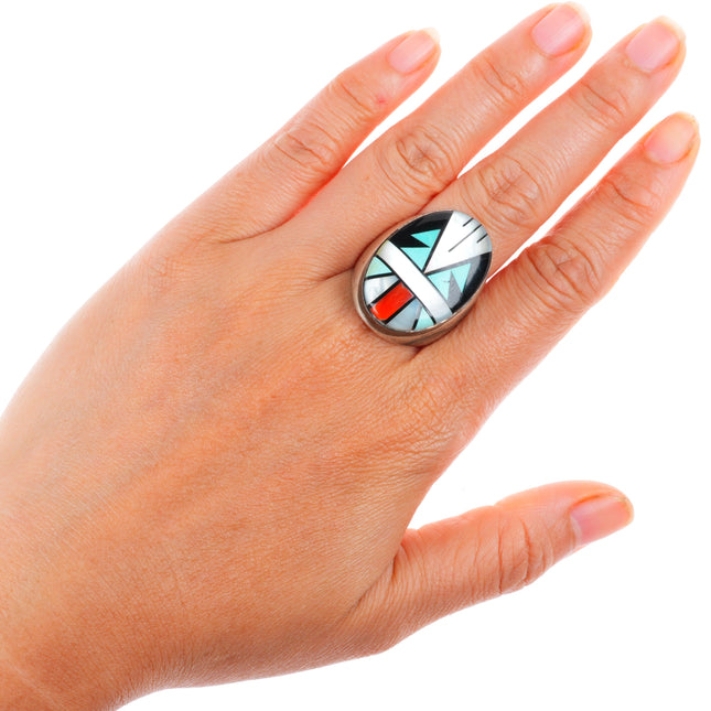 sz11 Vintage Zuni sterling silver large intarsia inlay size 11 men's ring