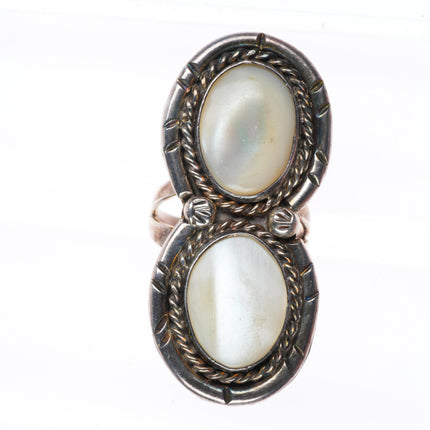 sz9 vintage Navajo sterling silver mother of pearl long 2 stone size 9 ring